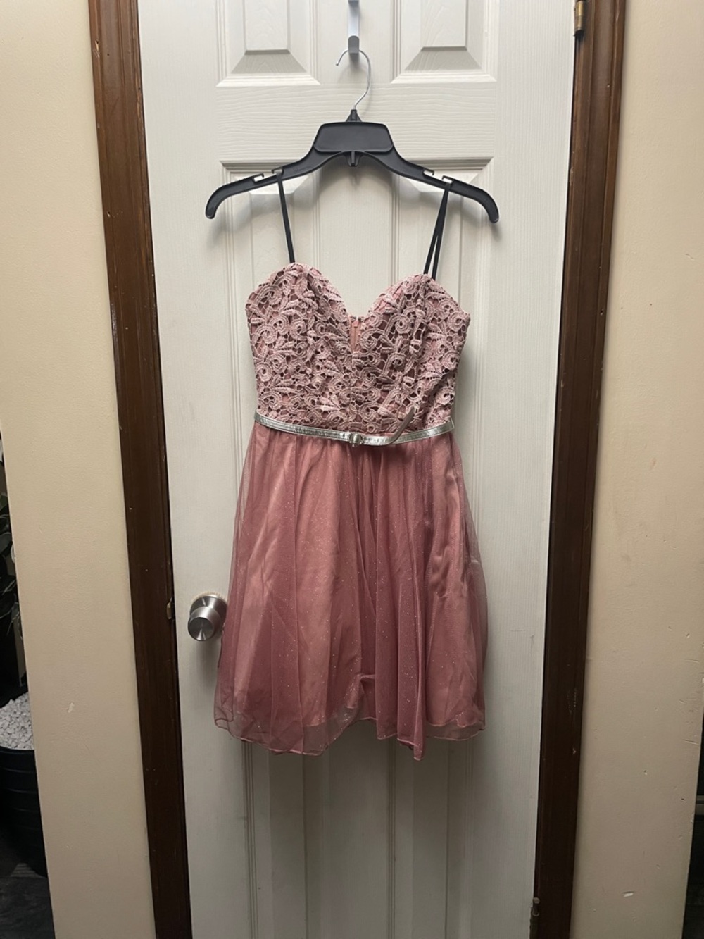 City Triangles Dusty Pink Lace Bodice Party Dress with Silver Waistband